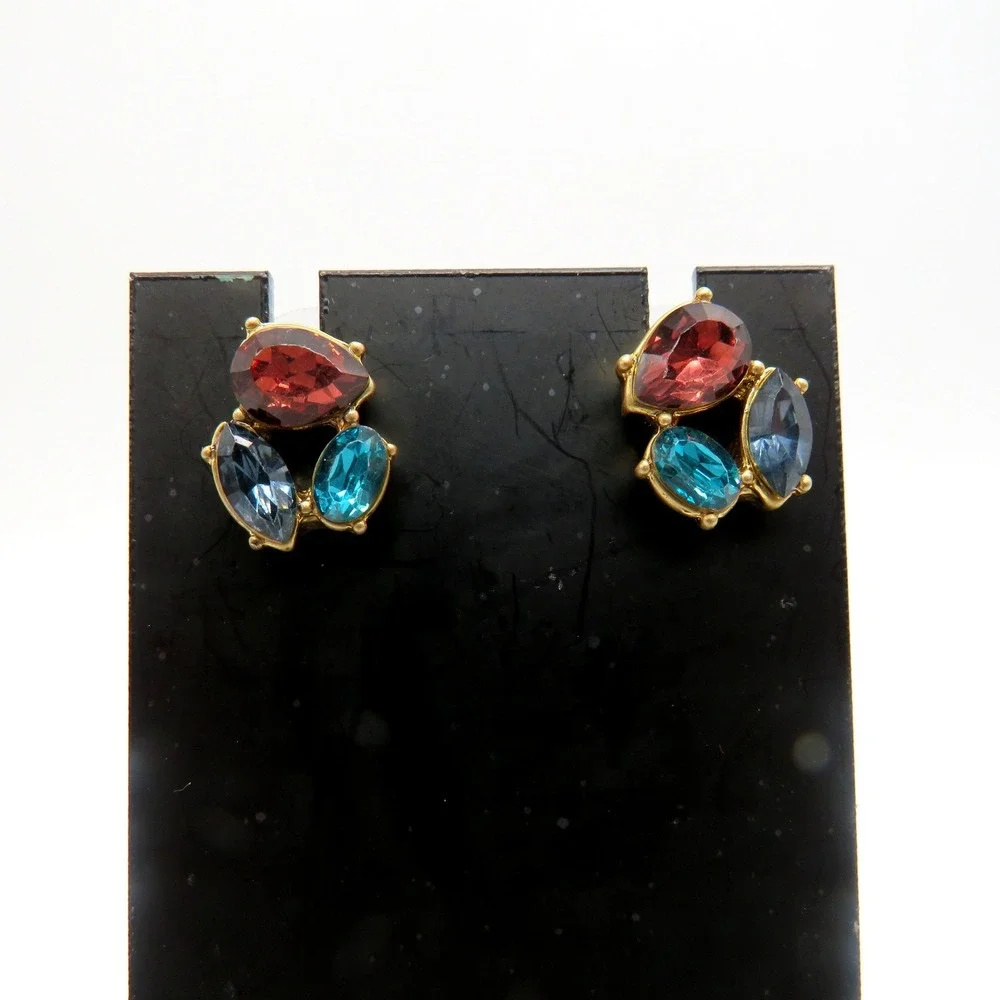 J.Crew Cluster Stud Earrings Gold Tone Burgundy Navy Teal Crystal Post Back